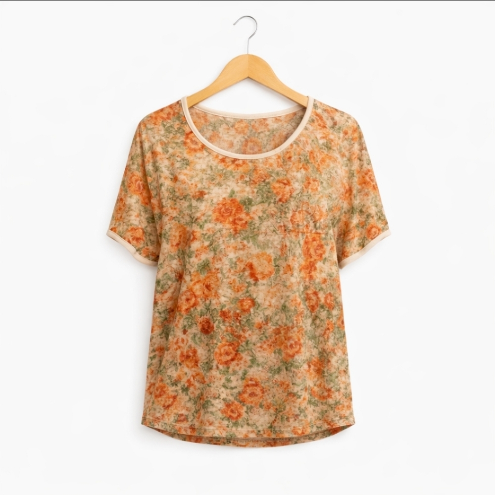 Charlotte Russe Pink Peach Floral Sheer Open Weave Cropped Top Sz Sm